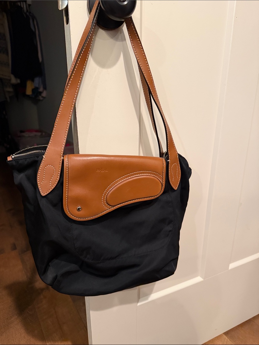 Polo by Ralph Lauren Black Nylon Shoulder Bag with Brown Leather Trim